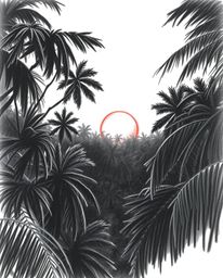 A high-angle, hand-drawn sketch in intense jet black, depicting a sunset viewed through a dense jungle canopy. This piece is 