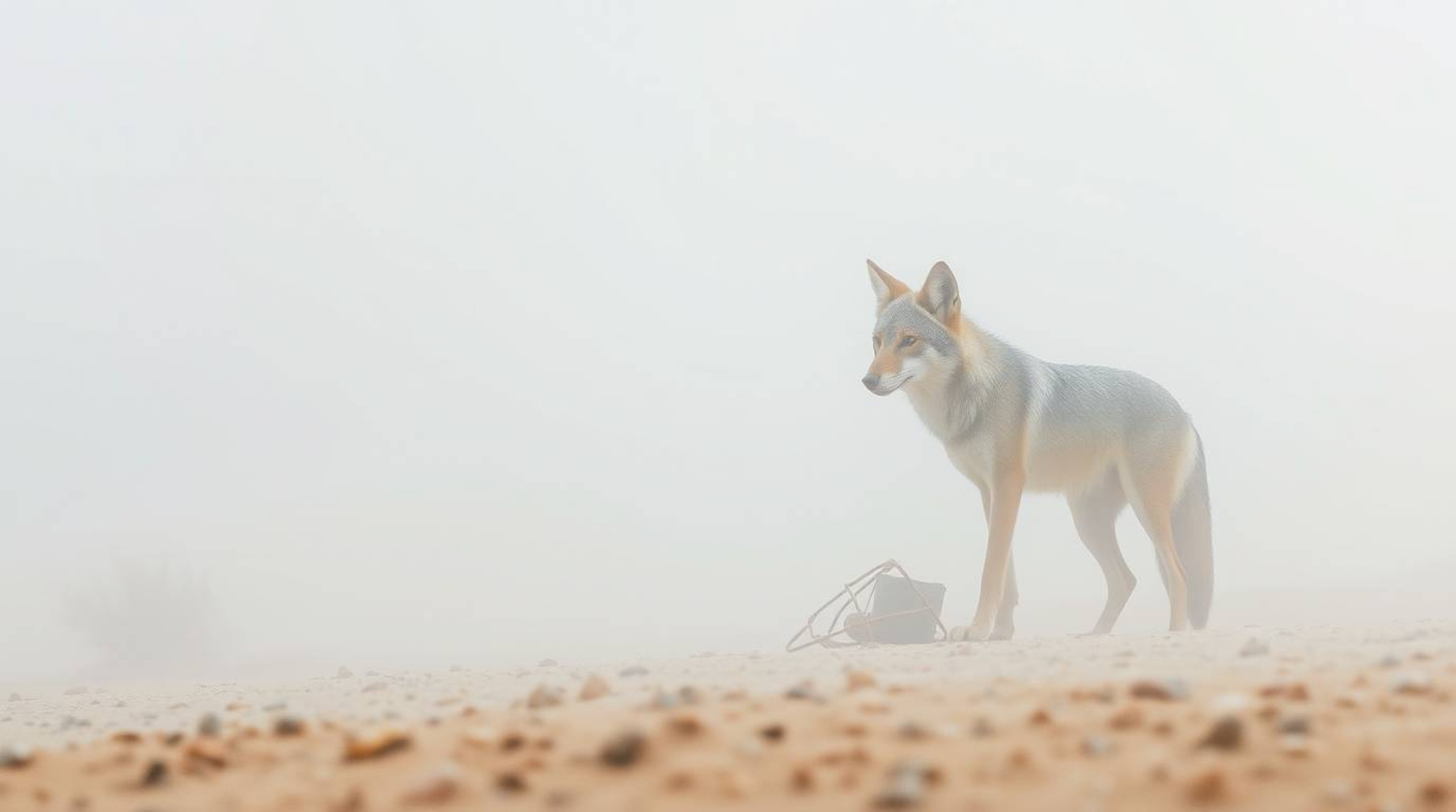 A sharply focused coyote is meticulously setting a ridiculous trap in the harsh desert landscape, shrouded by thick fog and l