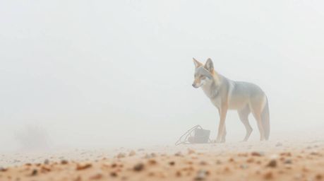 A sharply focused coyote is meticulously setting a ridiculous trap in the harsh desert landscape, shrouded by thick fog and l