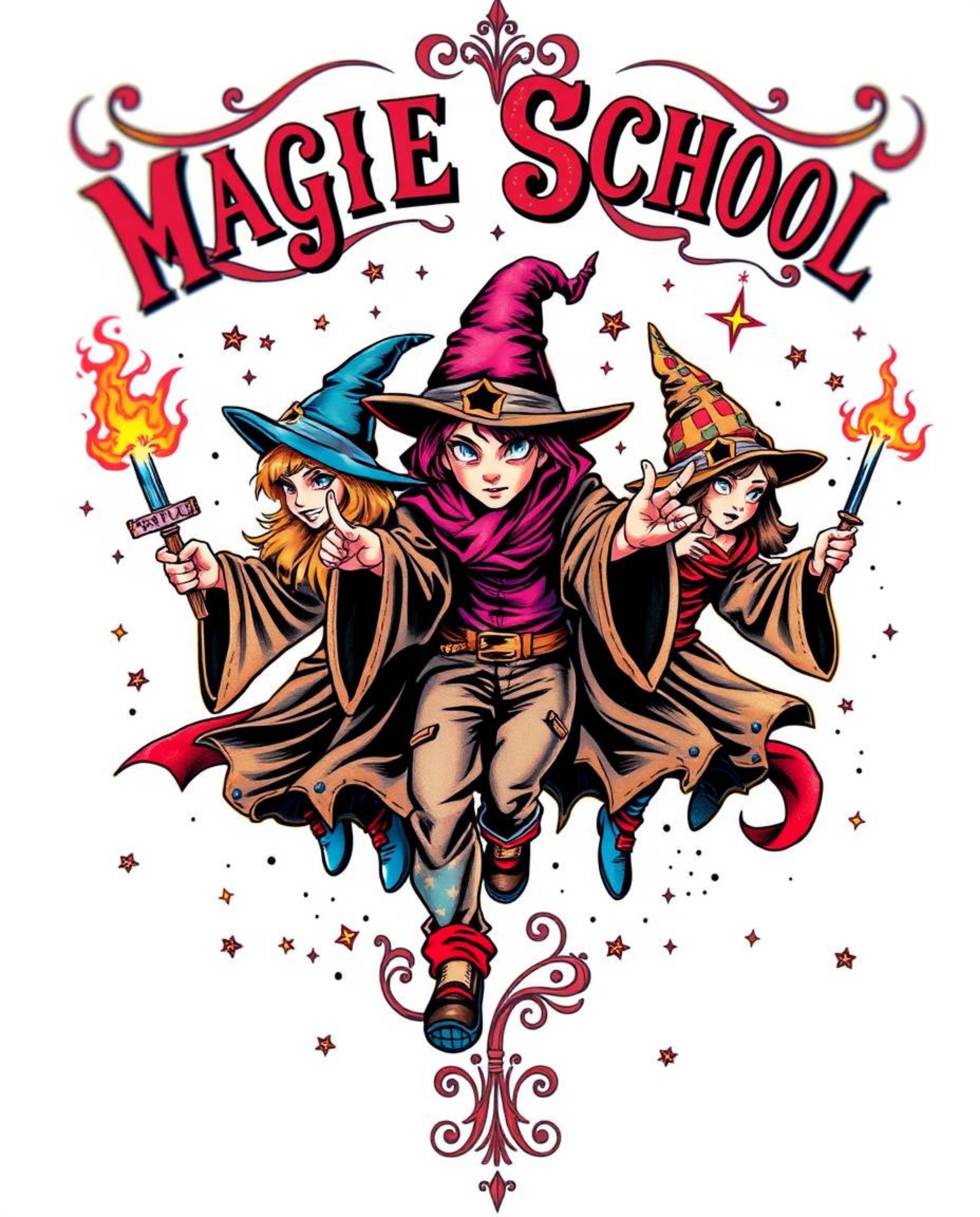 Dive into a world of magic with this dynamic tattoo art print featuring a magical school filled with young wizards. This vibr
