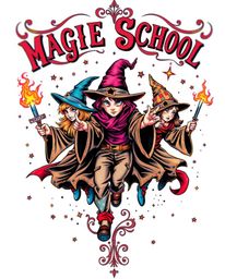 Dive into a world of magic with this dynamic tattoo art print featuring a magical school filled with young wizards. This vibr