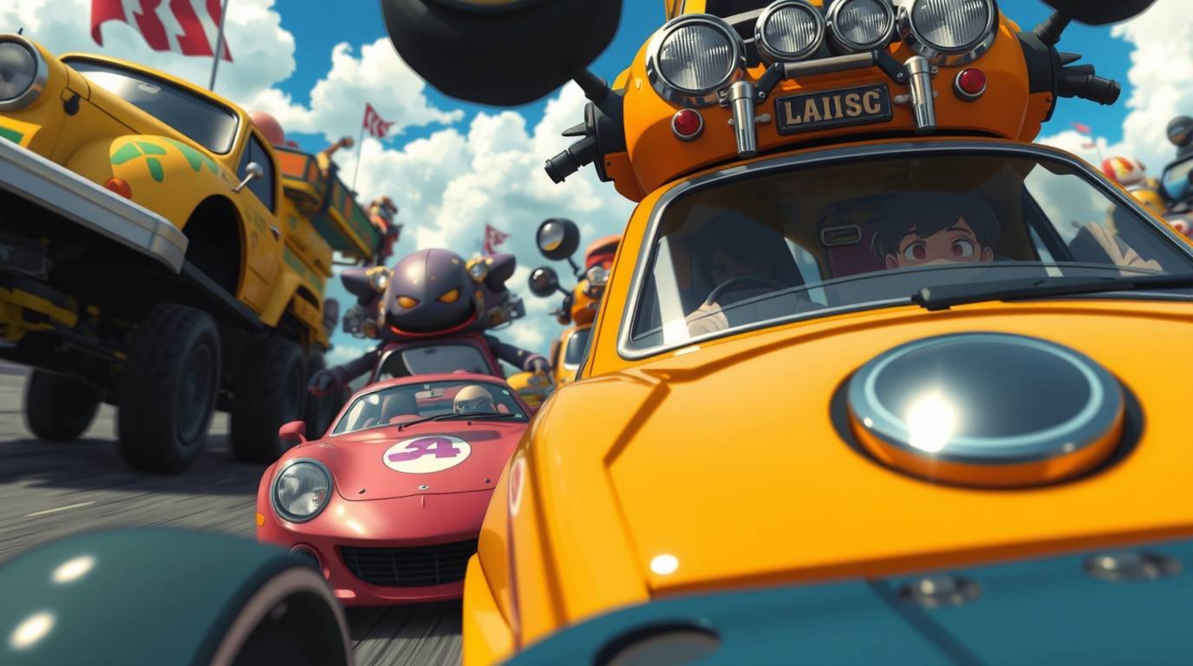 Experience the thrill of a high-octane Isekai anime racing scene! This close-up shot features outlandish car designs and expr