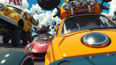 Experience the thrill of a high-octane Isekai anime racing scene! This close-up shot features outlandish car designs and expr