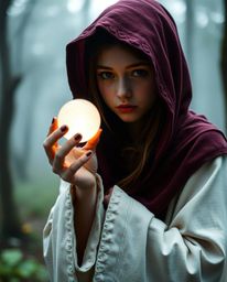 A captivating image featuring a cloaked figure with youthful features, holding a glowing orb within a misty forest.  This pro
