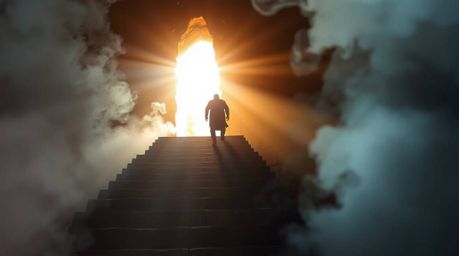 A captivating image portrays a solitary figure embarking on a symbolic journey, ascending a weathered stone staircase bathed 