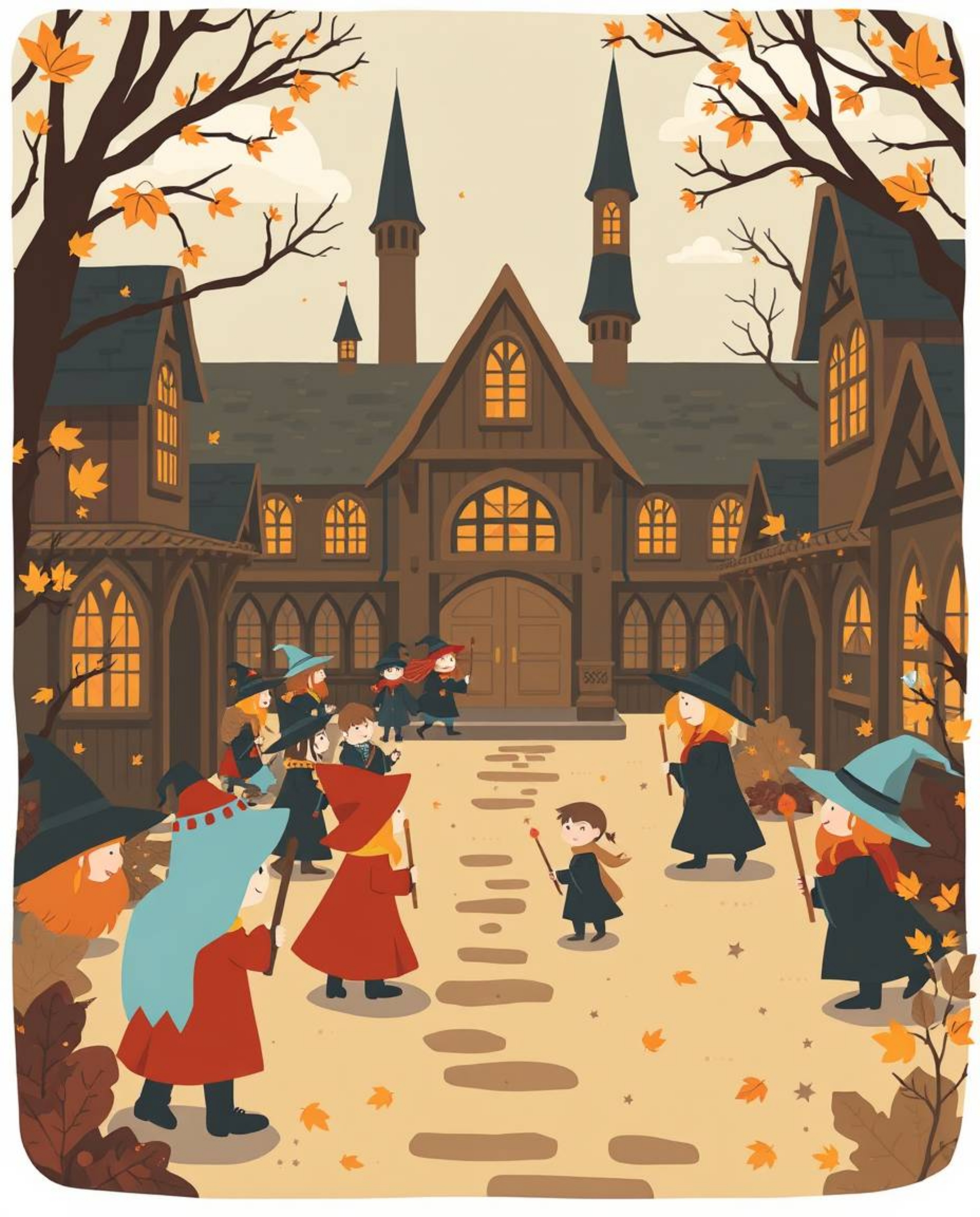 This modern flat design illustration captures a magical school brimming with young wizards. Utilizing simple two-dimensional 