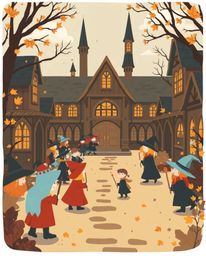 This modern flat design illustration captures a magical school brimming with young wizards. Utilizing simple two-dimensional 