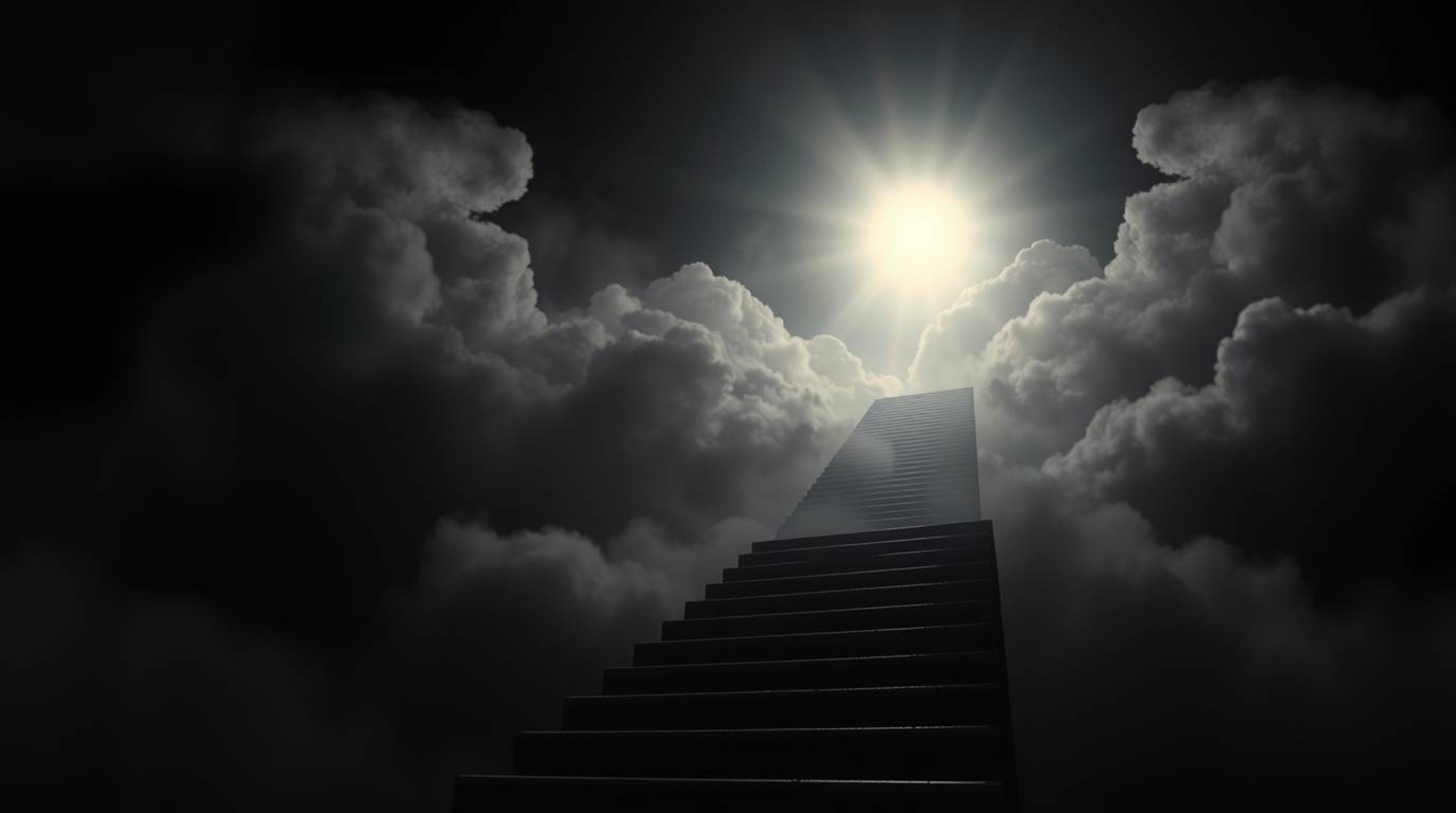 A captivating fine art photograph depicts a surreal stairway ascending through smoky clouds towards a celestial light, symbol