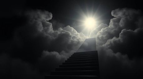 A captivating fine art photograph depicts a surreal stairway ascending through smoky clouds towards a celestial light, symbol