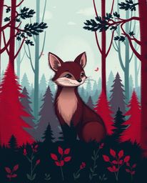 This adorable and charming illustration features a rich burgundy and deep blue color palette, showcasing a digital glitch eff