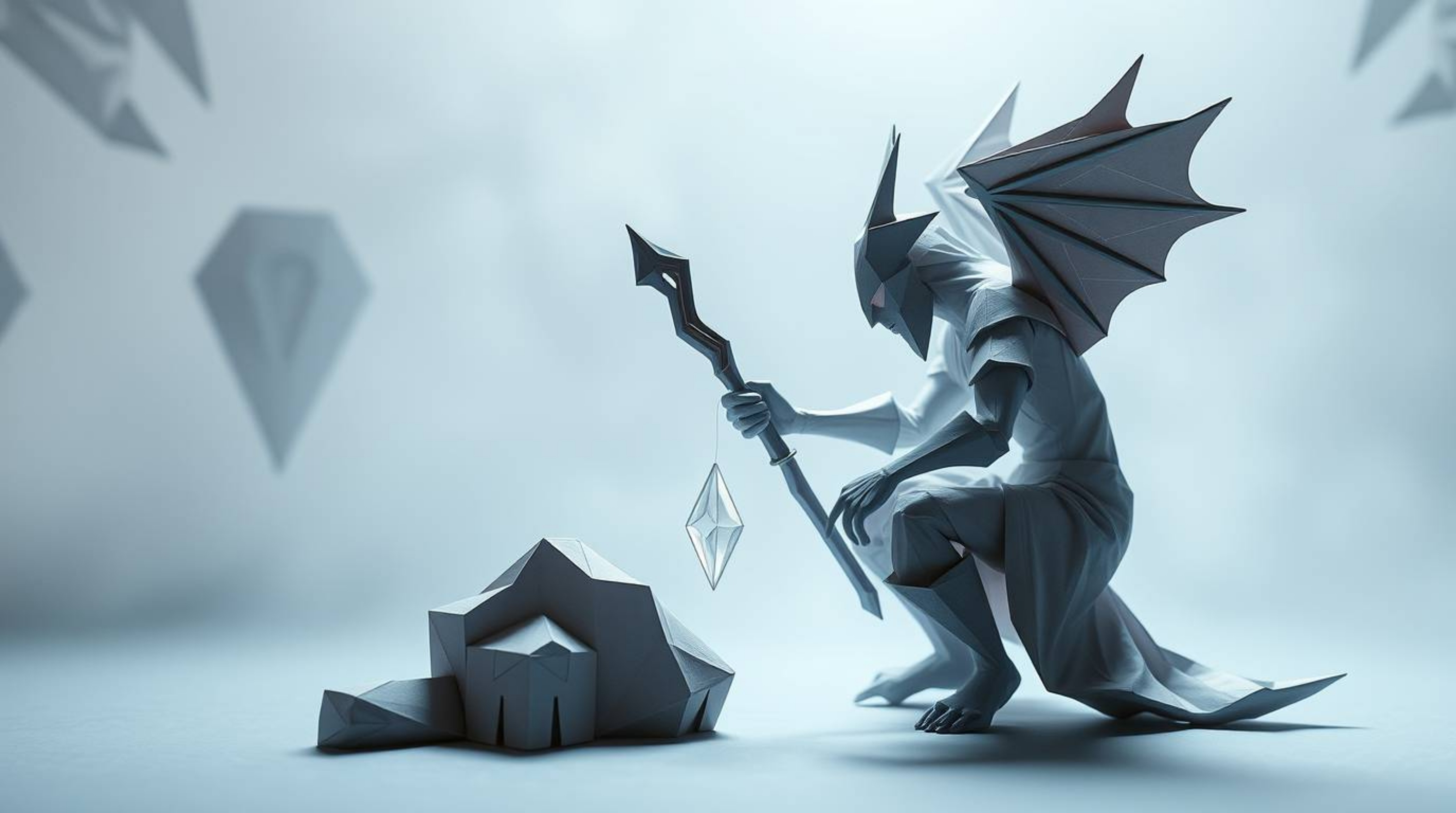 Experience a unique blend of the ethereal and spiritual with this intricate origami-style artwork. Witness an anvil, rendered