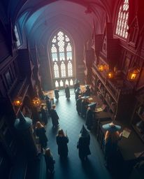 Discover a captivating high-angle rendering of a magical school brimming with young wizards.  The image features a smooth gra