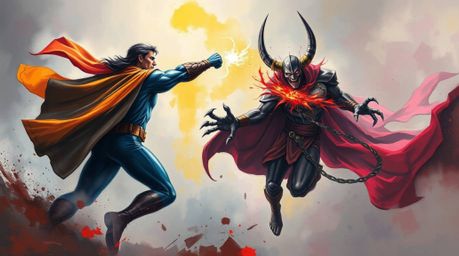 A bold acrylic painting depicts an epic superhero battle.  A caped superhero confronts a silly villain in a futuristic, foggy