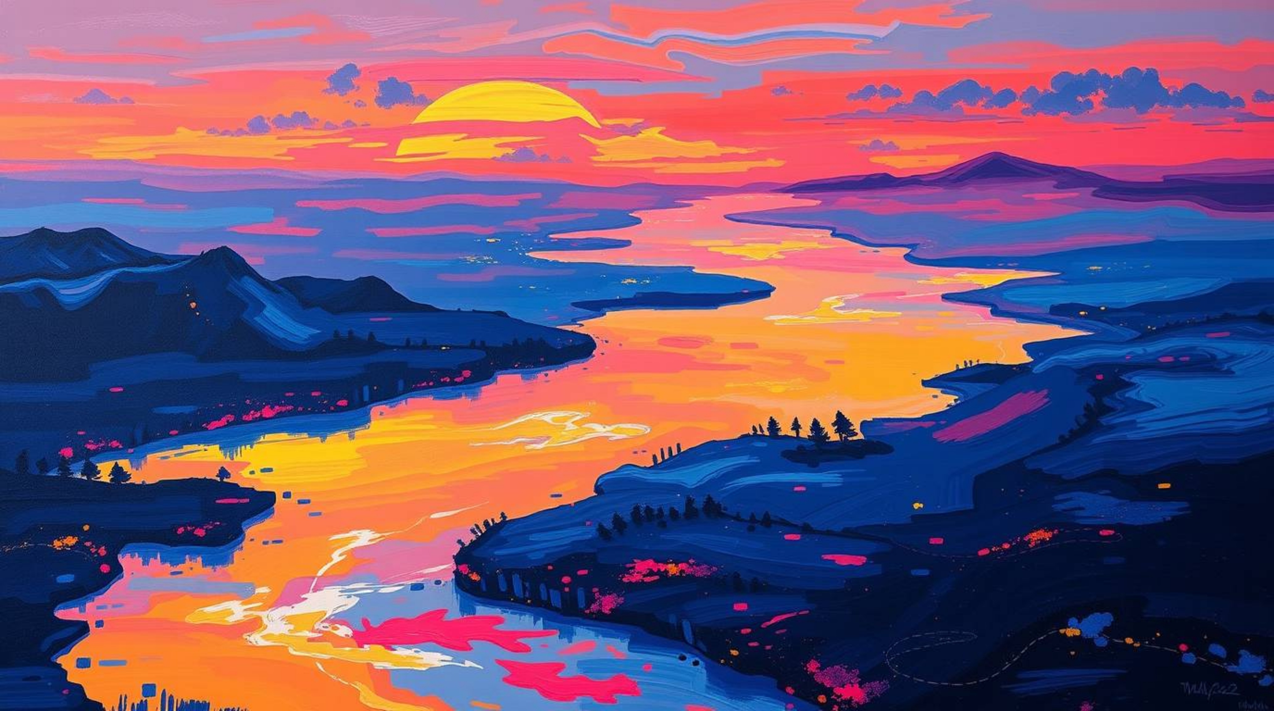 This captivating acrylic painting showcases a river delta bathed in the enchanting hues of twilight. The artist employs bold 