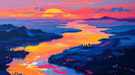 This captivating acrylic painting showcases a river delta bathed in the enchanting hues of twilight. The artist employs bold 