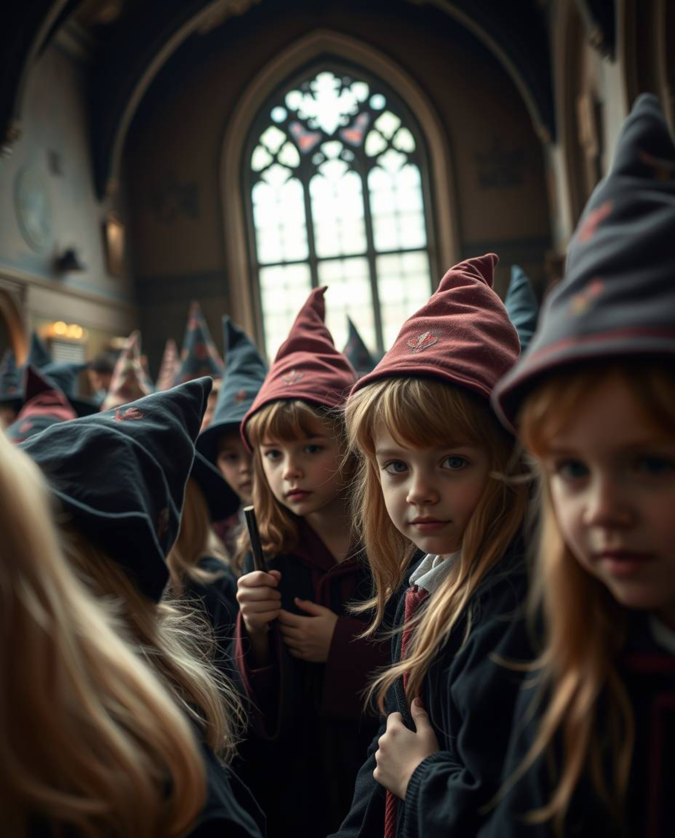 A tight close-up, fine art photograph showcasing a magical school brimming with young wizards, captured in a professional, ed