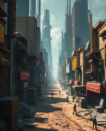Experience a stunning photorealistic depiction of a futuristic cyberpunk cityscape.  The artwork features a striking contrast