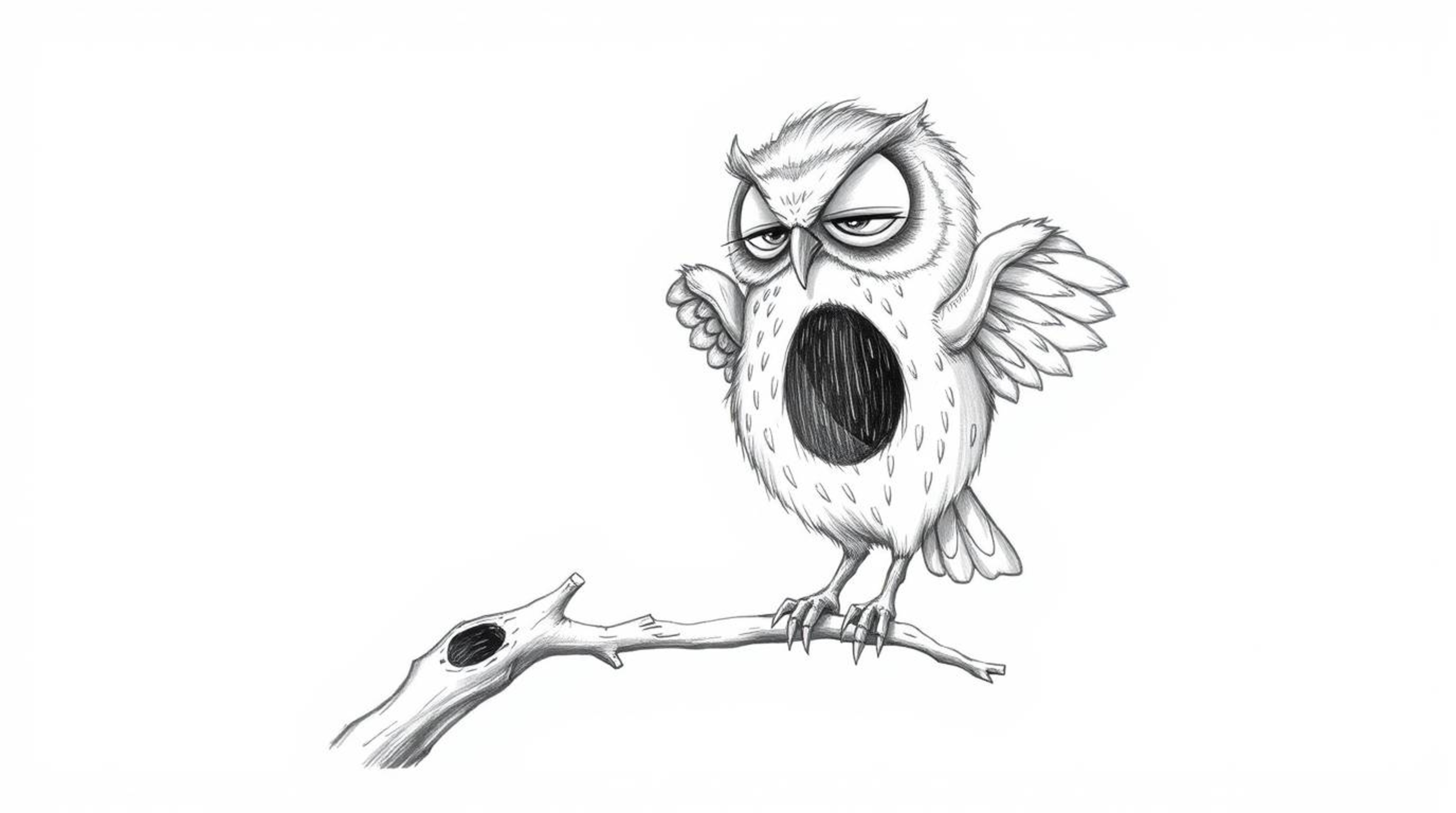 A heartwarming Pixar-style hand-drawn sketch depicts a blind owl with downy feathers and ruffled wings, passionately teaching