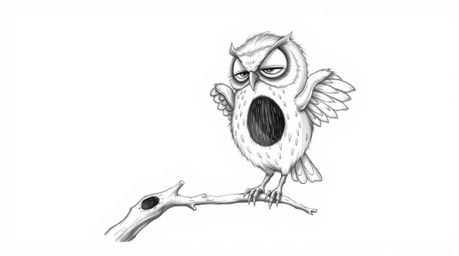 A heartwarming Pixar-style hand-drawn sketch depicts a blind owl with downy feathers and ruffled wings, passionately teaching