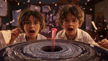A vibrant, cinematic photograph with a nostalgic, Pixar-inspired aesthetic captures a dynamic duo of enthusiastic science fai