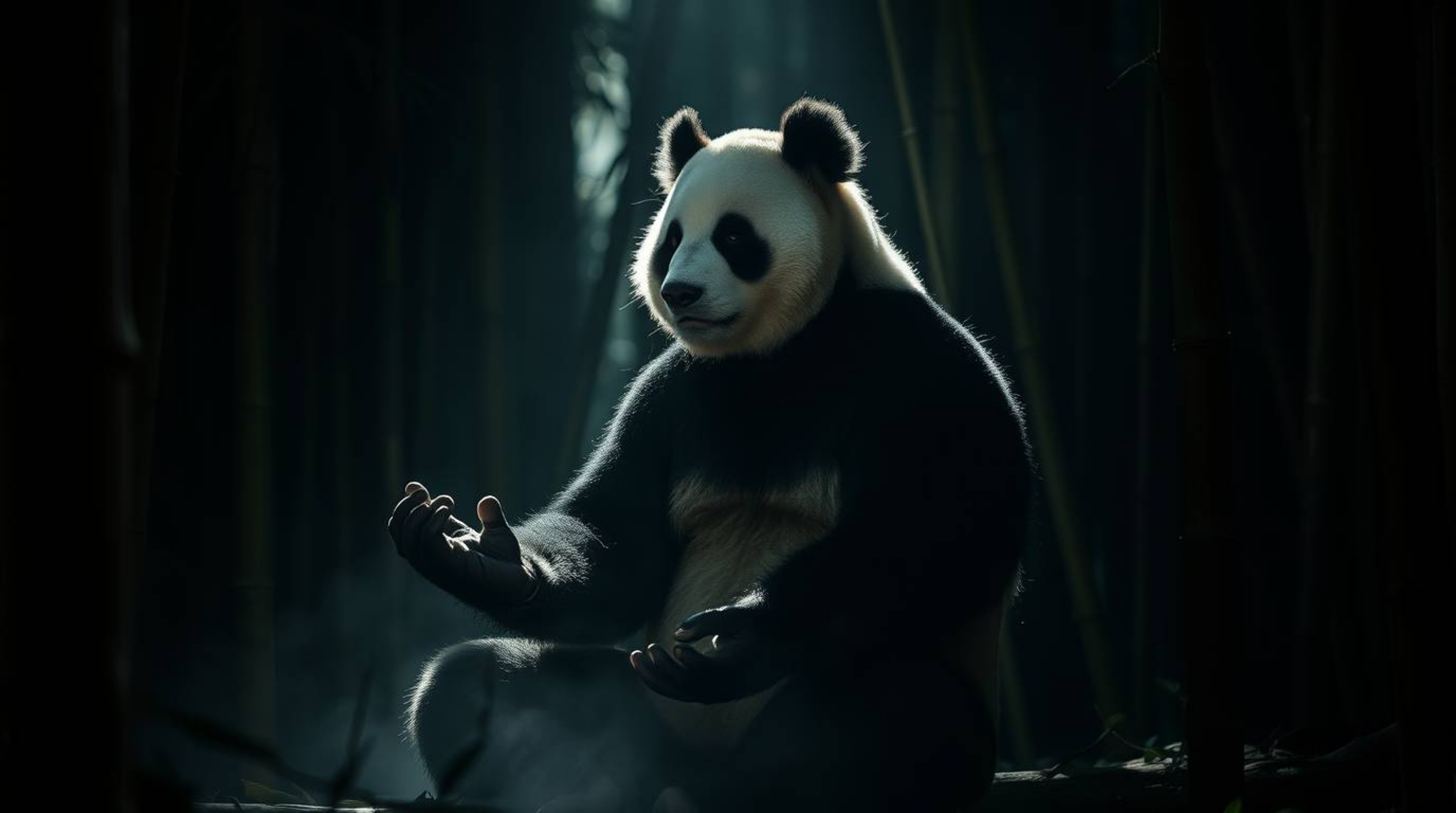 A serene image of a martial artist panda deeply engrossed in meditation within a lush bamboo forest.  The scene is dramatical