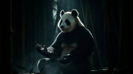 A serene image of a martial artist panda deeply engrossed in meditation within a lush bamboo forest.  The scene is dramatical