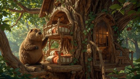 A high-resolution, professionally captured stock photo shows an anthropomorphized beaver, reminiscent of Pixar characters, bu