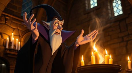A high-resolution stock photo showcasing a classic Disney villain casting a spell within the atmospheric setting of an old ca