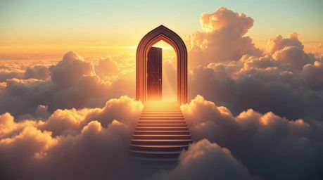 A stunning geometric logo design capturing a fantasy realism depiction of a heavenly gate floating above the clouds, with sta