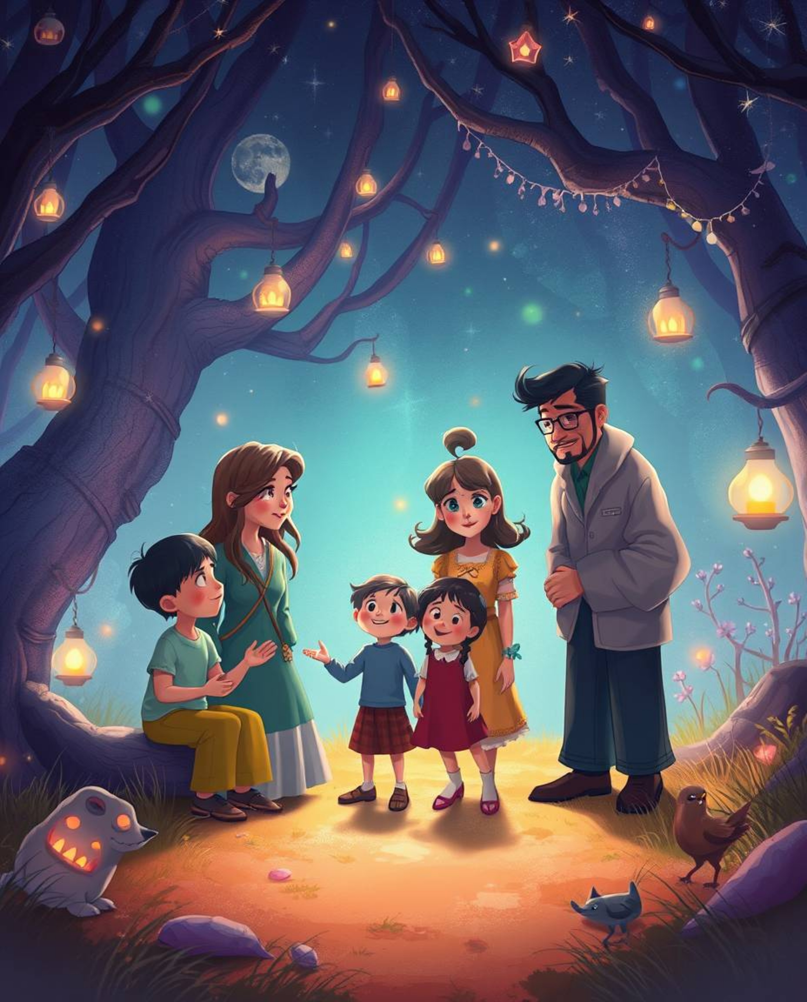 Experience a dreamlike and surreal Pixar-style illustration of a family reunion, set within a mystic and enchanting environme