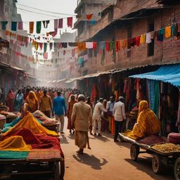 Experience the energy of an Indian market street, bustling with life and color. Discover a vibrant scene of textiles hanging 