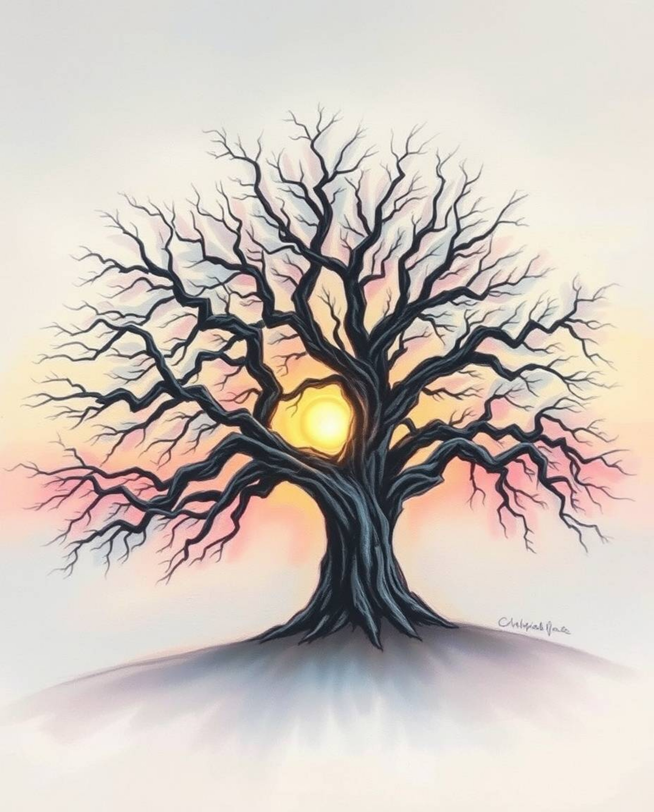 A soft pastel depiction of a sunset behind an old oak tree with twisted branches, conveying a gentle and soothing atmosphere 