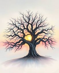 A soft pastel depiction of a sunset behind an old oak tree with twisted branches, conveying a gentle and soothing atmosphere 