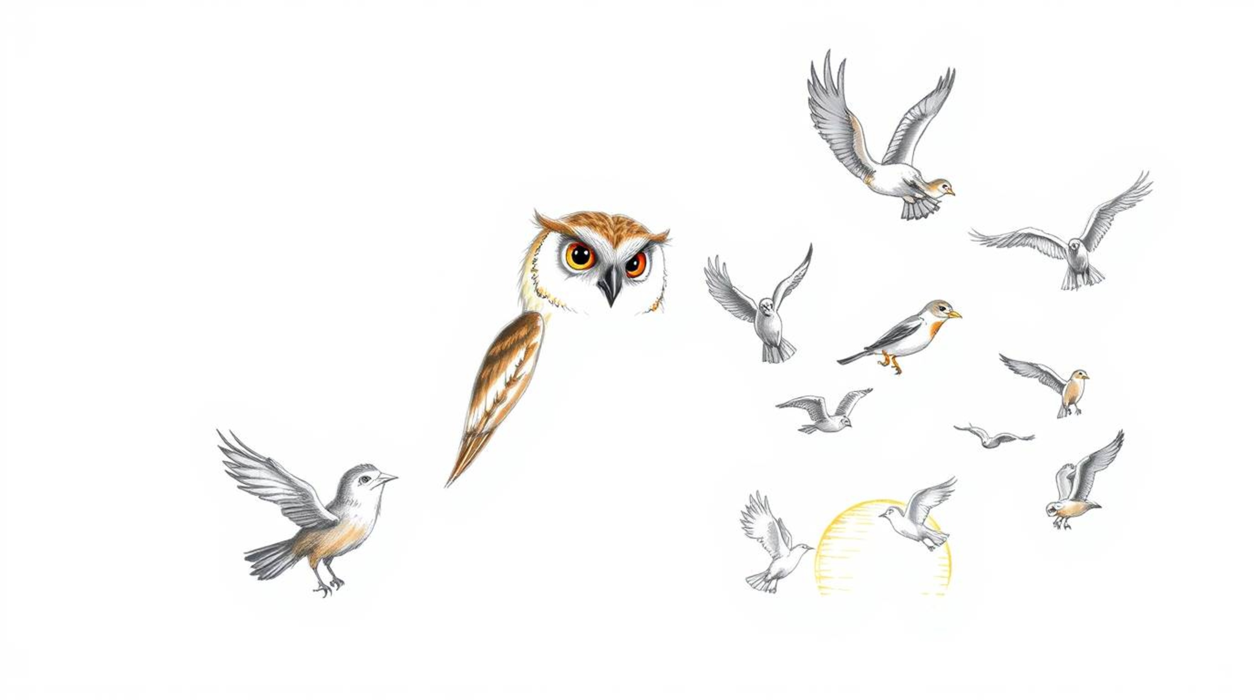 A charming hand-drawn sketch, in the style of Pixar, depicts a gentle blind owl with soft brown feathers teaching a diverse c