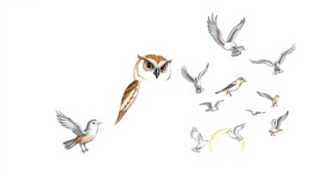 A charming hand-drawn sketch, in the style of Pixar, depicts a gentle blind owl with soft brown feathers teaching a diverse c