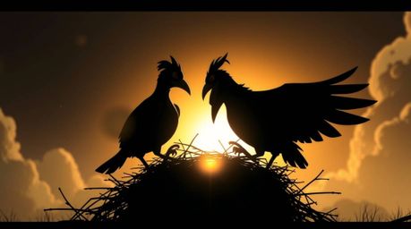 Witness a majestic scene of two cartoon birds constructing their nest, rendered in a stunning blend of classic animation and 