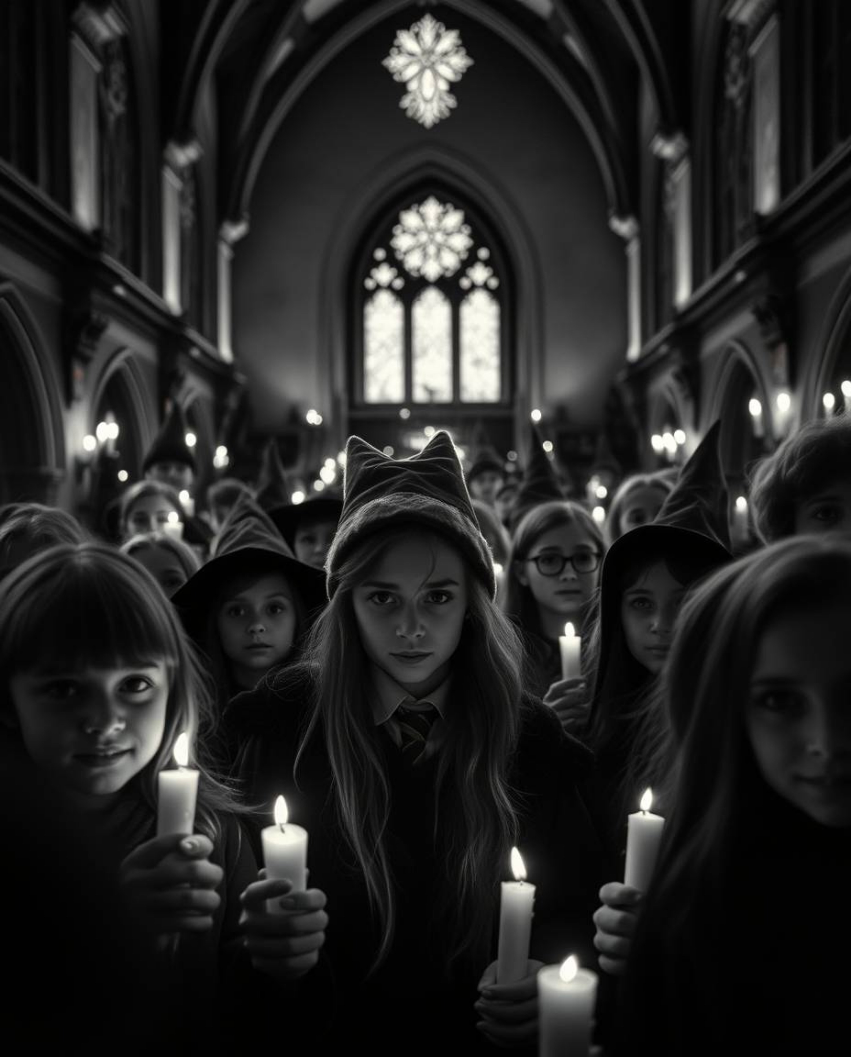 Immerse yourself in a timeless and elegant world with this classic black and white, candlelit close-up of a magical school. W
