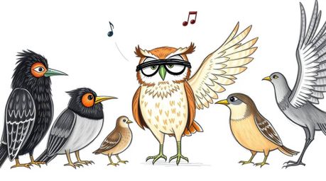 Explore a whimsical, hand-drawn sketch reminiscent of Pixar's style, featuring a blind owl with warm brown feathers and expre