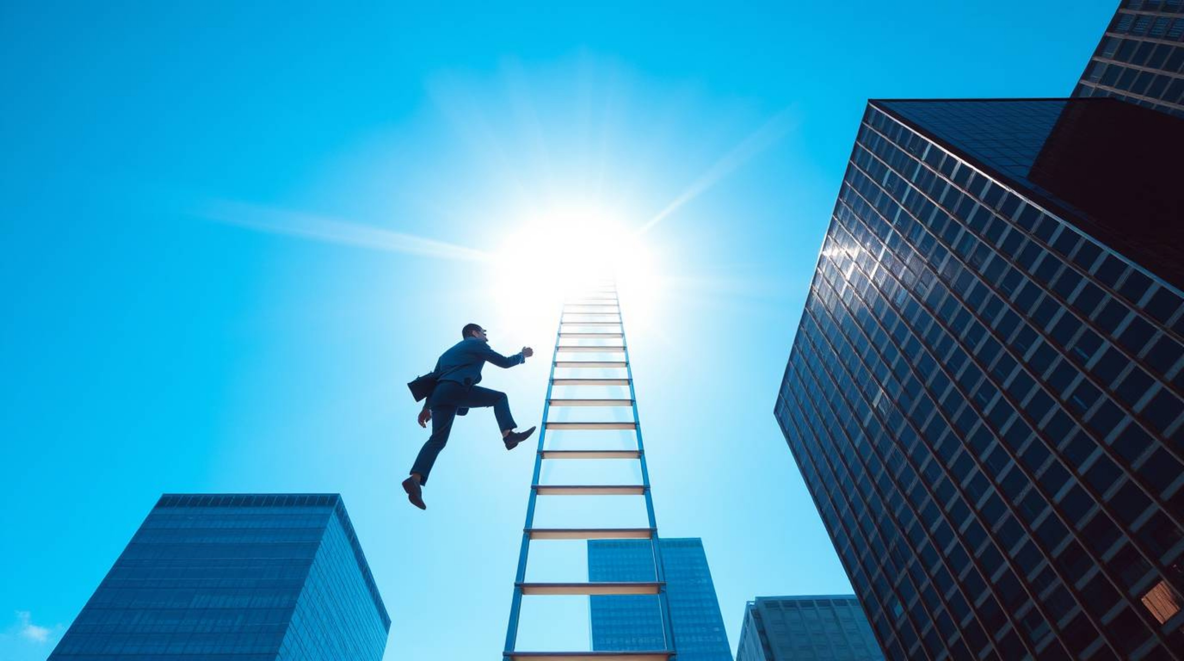 An ambitious businessman ascends a transparent ladder reaching towards a vibrant blue sky above towering skyscrapers. This ab