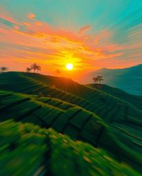 A dynamic digital painting of a sunset over terraced tea plantations, rendered in rich, deep teal. Luxurious and vibrant colo
