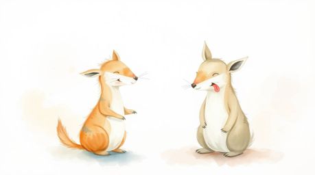 This delicate watercolor painting captures a soft, dreamy atmosphere with a duo of mischievous talking animals at its heart. 