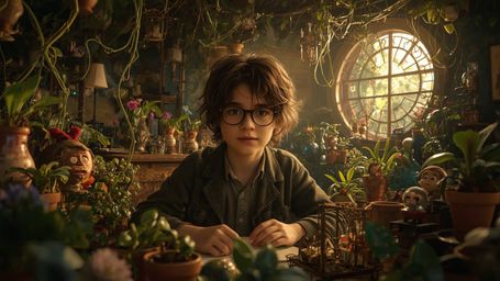 a dramatic, warm-lit photograph of a messy-haired, bespectacled prodigy, perhaps 12 years old, with a kind face and gentle ey