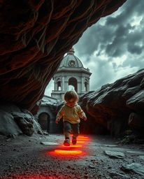 A captivating architectural color photograph depicts a child with a determined expression following a trail of glowing orange