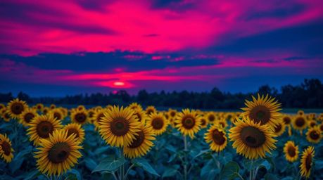 A captivating image of a sunflower field bathed in the warm glow of a deep red and purple sunset.  Rendered in cool blues, gr