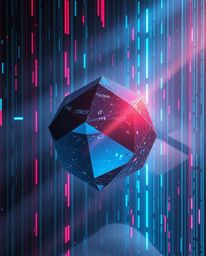 Experience a captivating journey into a digital realm where volumetric lighting gracefully illuminates glitched geometric sha