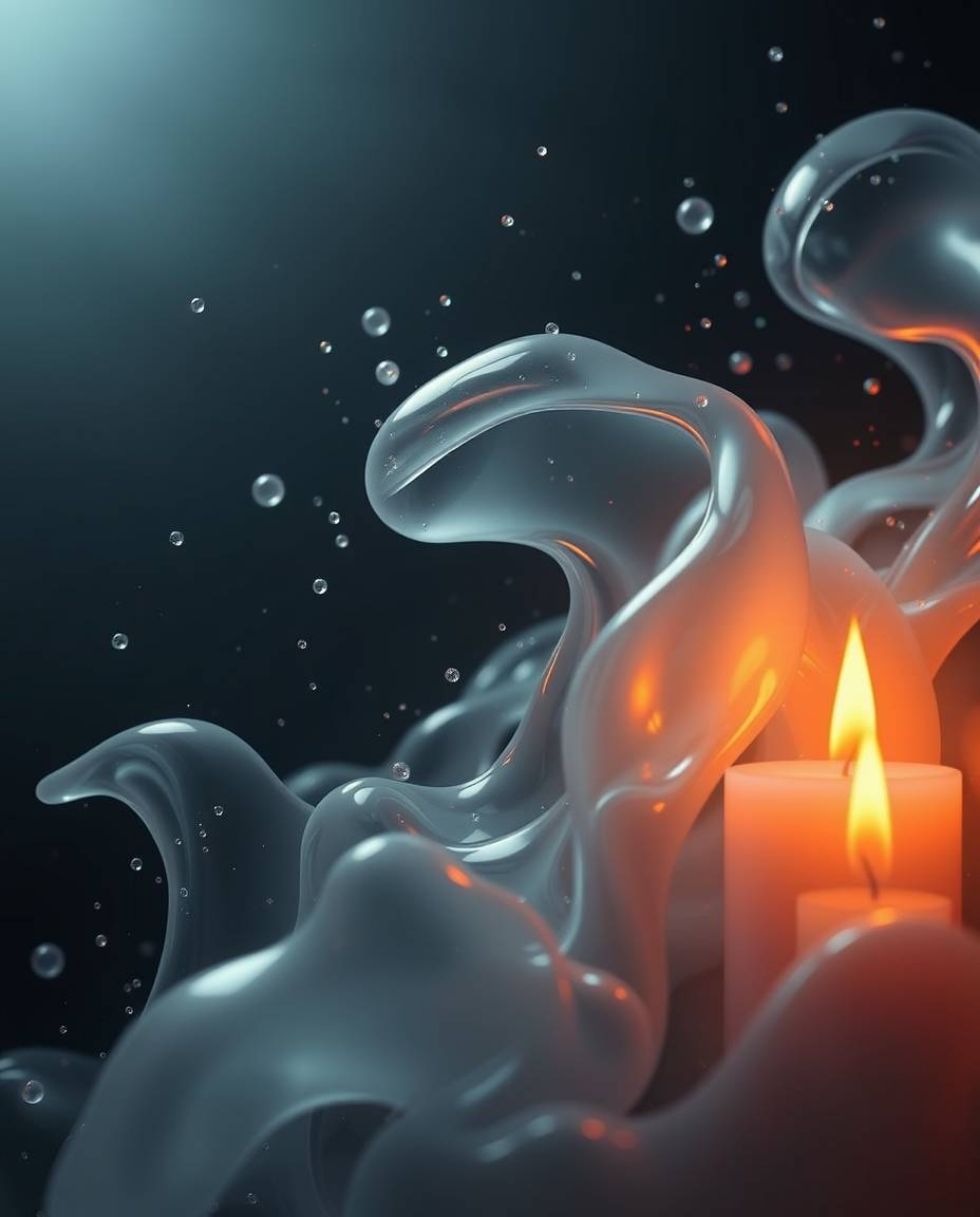 Explore a moody and captivating low-contrast image featuring glassy fluid 3D shapes in perpetual motion.  Surrounded by a mes
