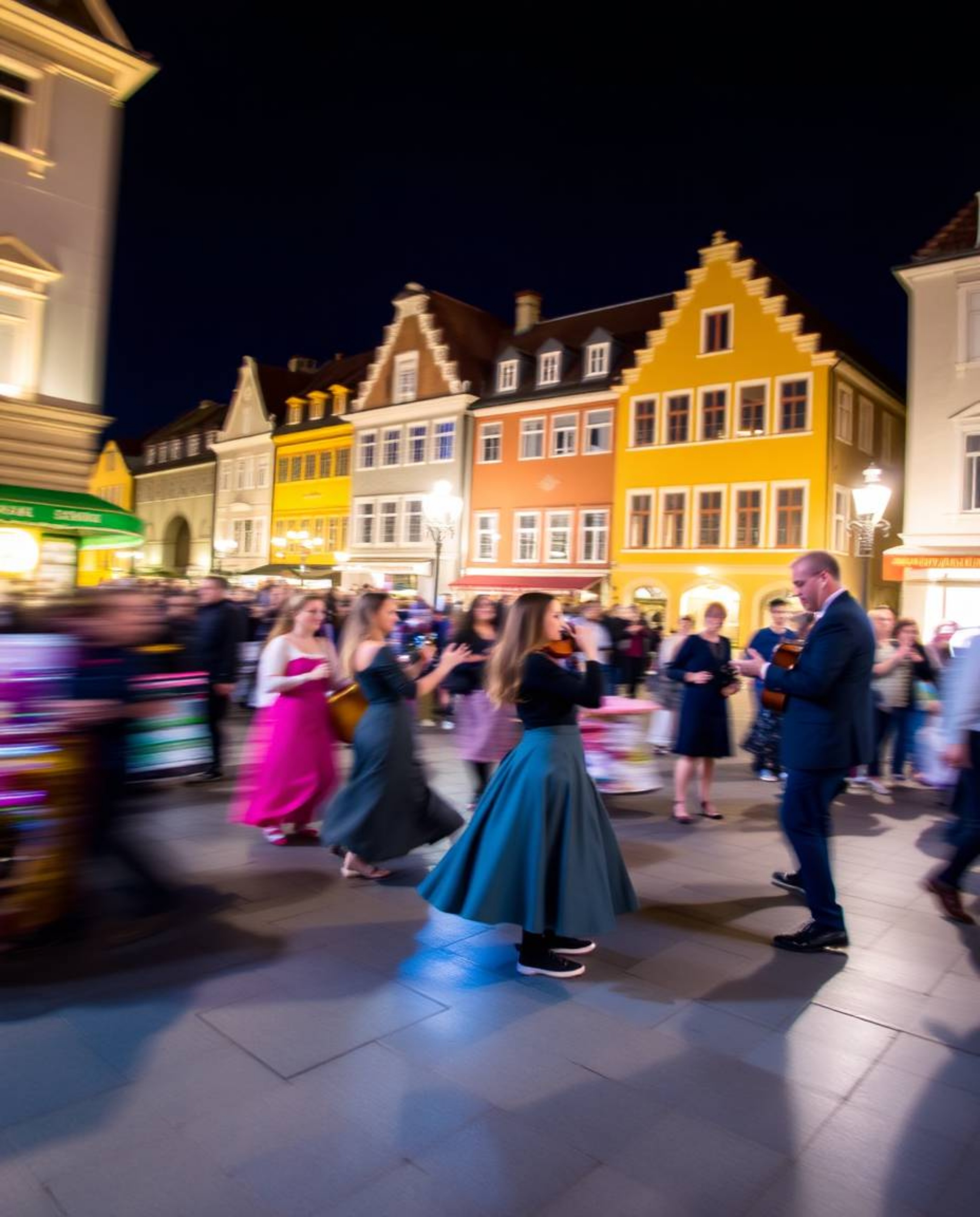 This long exposure photograph captures the vibrant energy of a musical number in a brightly lit town square. Utilizing cool c