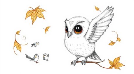 A heartwarming hand-drawn sketch reminiscent of Pixar, showcasing a blind owl with incredibly soft, feathery texture. The owl