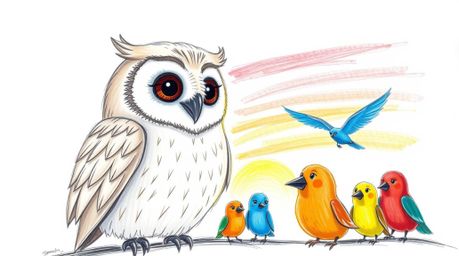 A heartwarming hand-drawn sketch in the style of Pixar depicts a blind owl with soft, feathery texture, patiently teaching a 
