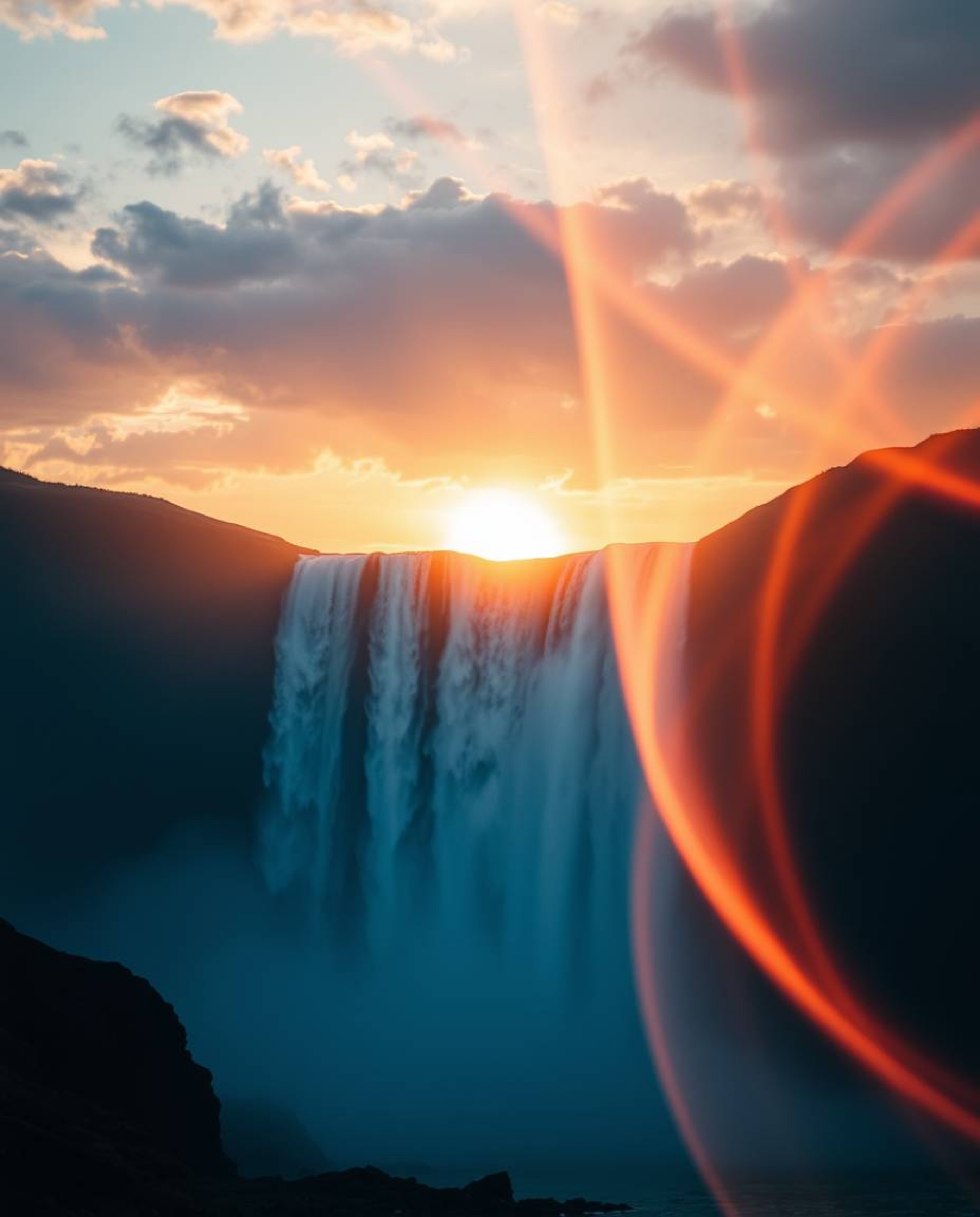 A cinematic, film-like composition of a sun setting behind a dramatic waterfall. Creative light art forms abstract patterns w